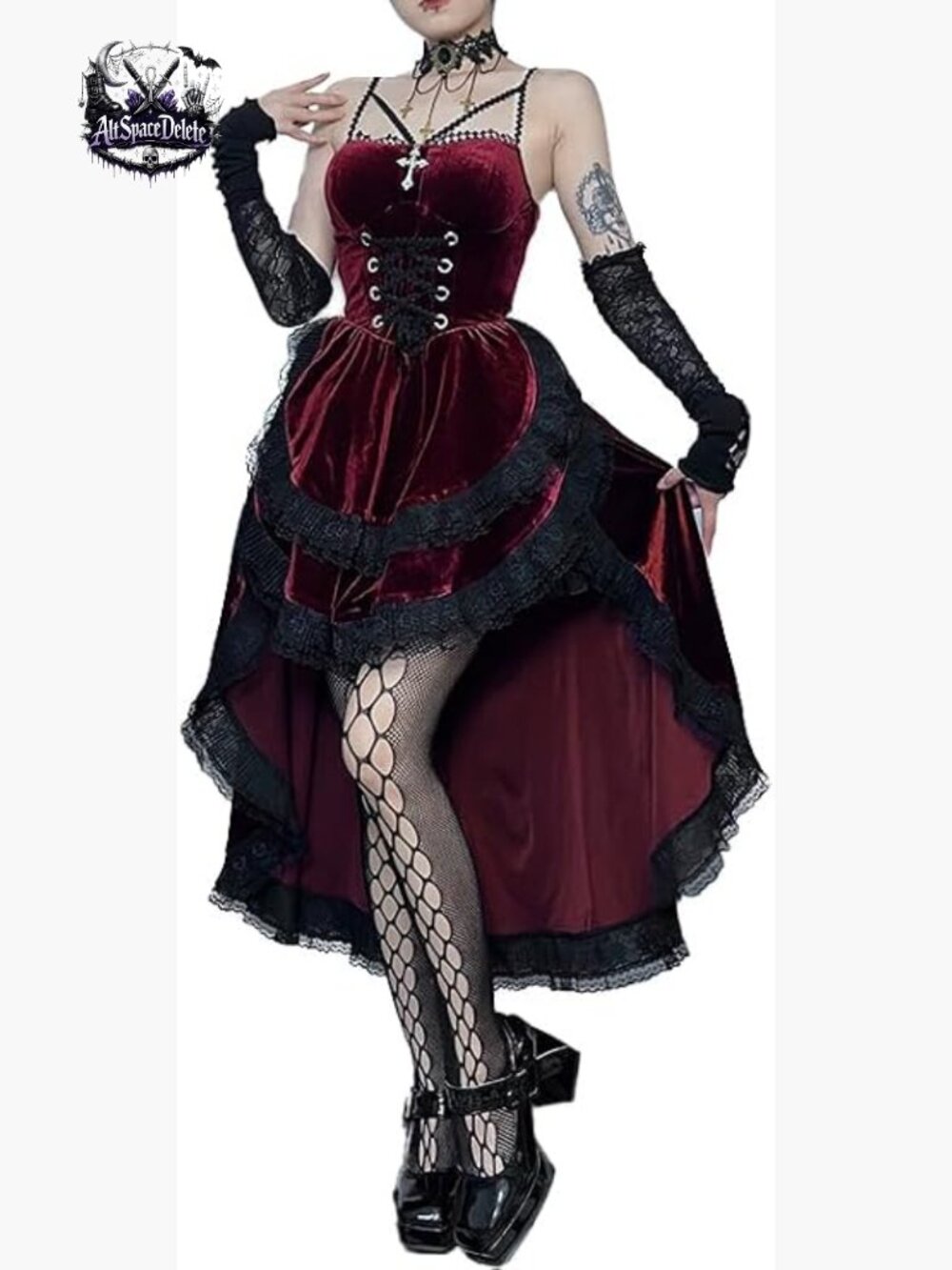 Gothic Velvet Lace Patchwork Halter Dress Steampunk